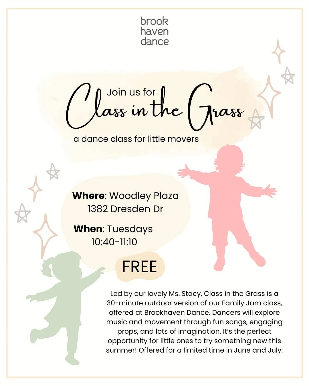 This Tuesday and every Tuesday this summer join us with your little ones for Class in the Grass! Our amazing Ms. Stacy will lead a 30 minute outdoor version of our Family Jam class. Give your little dancer the chance to explore music and movement wit