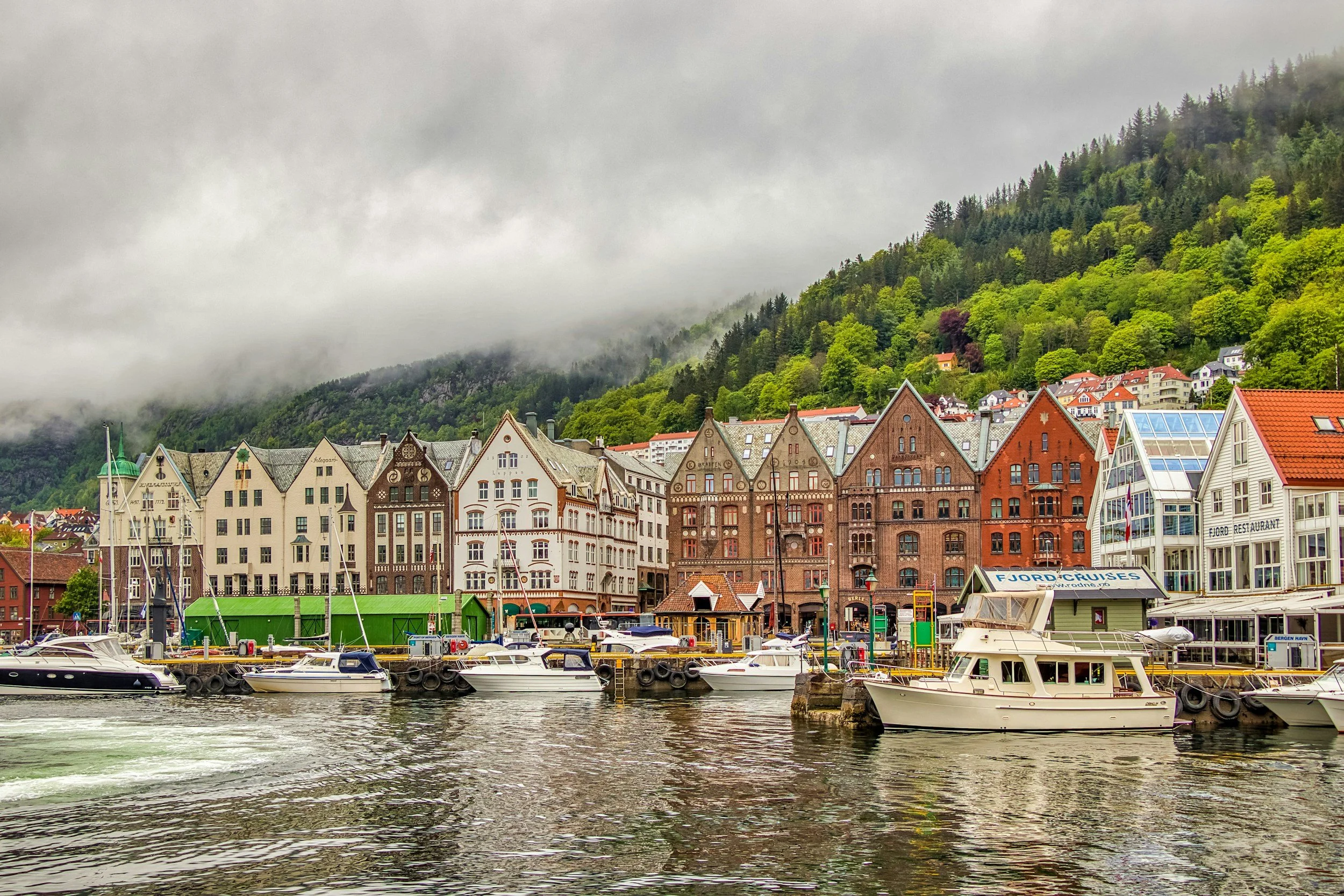 Vista del puerto con casas coloridas y barcos en el agua, con colinas verdes y nubes tempestuosas en el fondo.