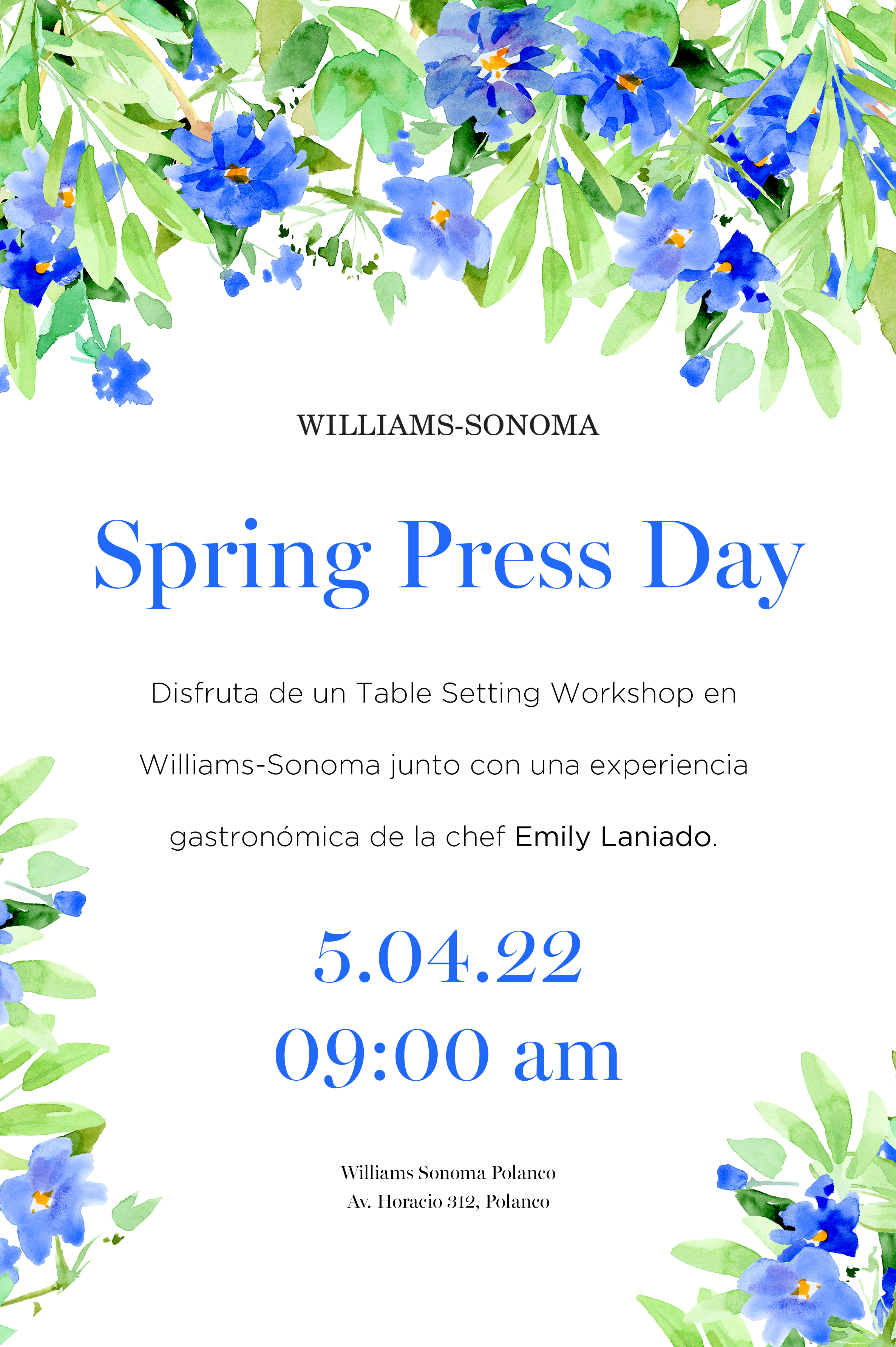 Williams Sonoma - Spring Press Day, printed and digital invitation.