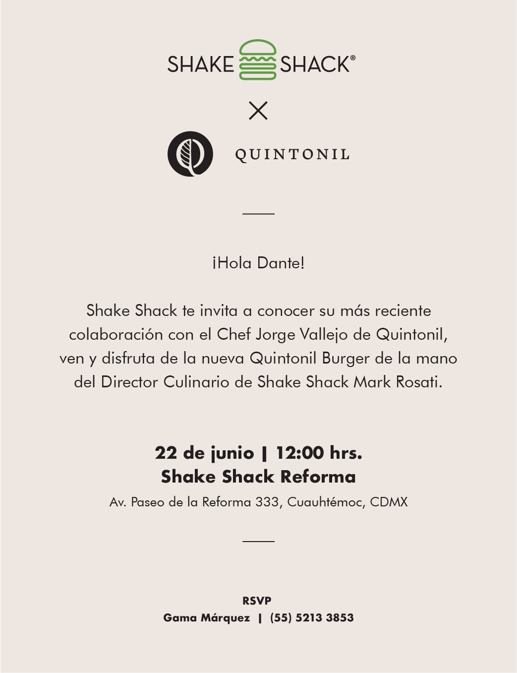 Shake Shack x Quintonil - Printed Invitation.