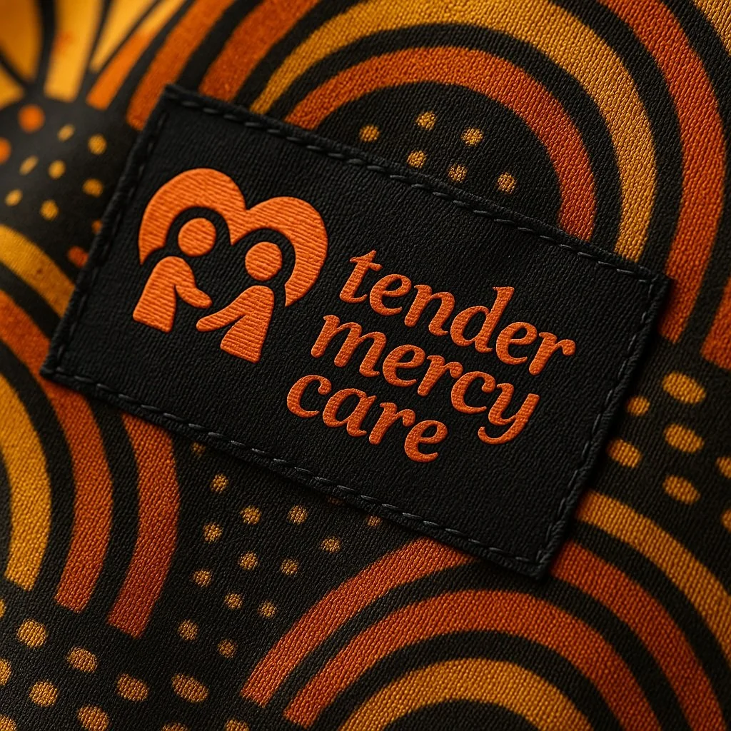 Close-up of Tender Mercy Care LLC label on a patterned African print fabric background with concentric circles in shades of orange and black.