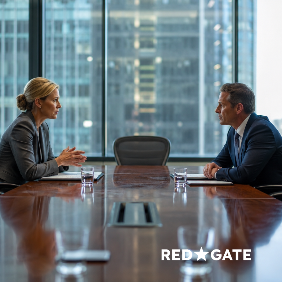 Female and Male executives sit with silence in a boardroom