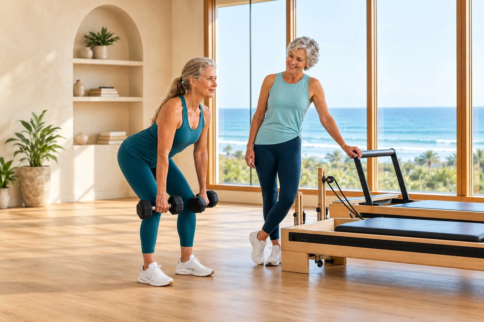 A woman with long grey-blonde hair hinging forward at the hips with a dumbbell in each hand, while a smiling woman with short grey hair stands beside a Reformer watching her.