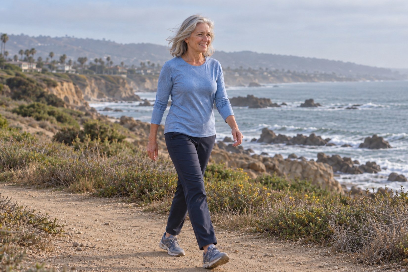 A smiling woman with silver hair, in a blue long-sleeve top and dark pants, walks a dirt path along a coastal bluff, with the ocean and a rocky shoreline behind her.