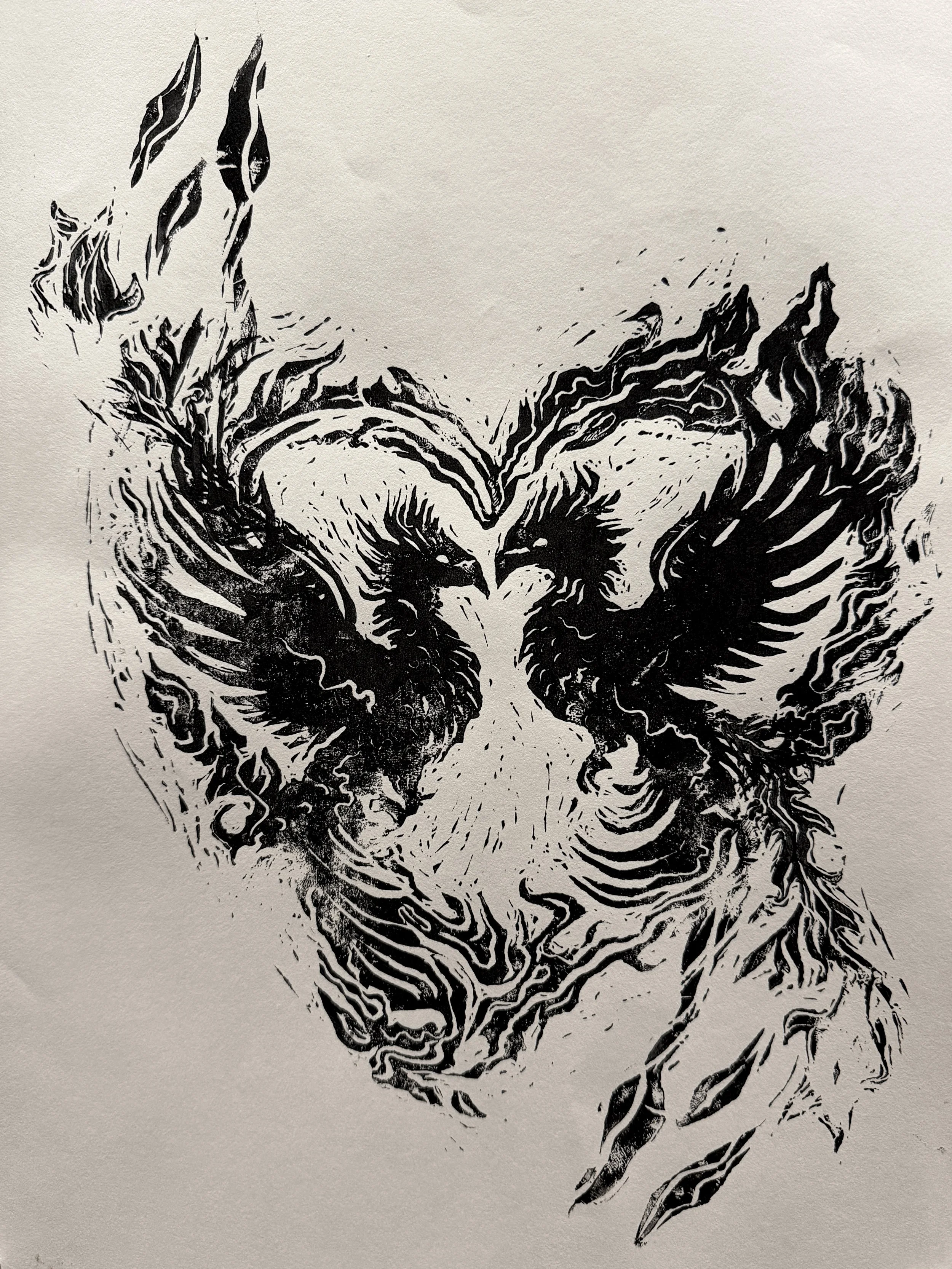 Phoenix Lovers linoleum print