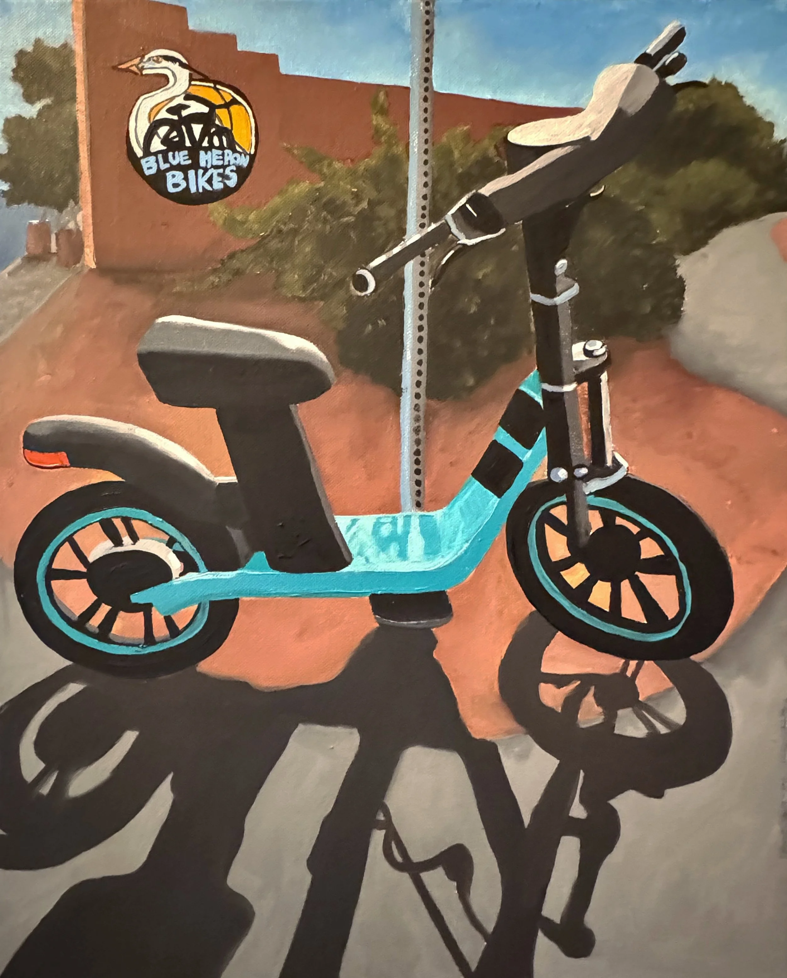 E scooter on Gilman - 2024, Oil on Canvas, 18" x 24", Black Wood Floater Frame