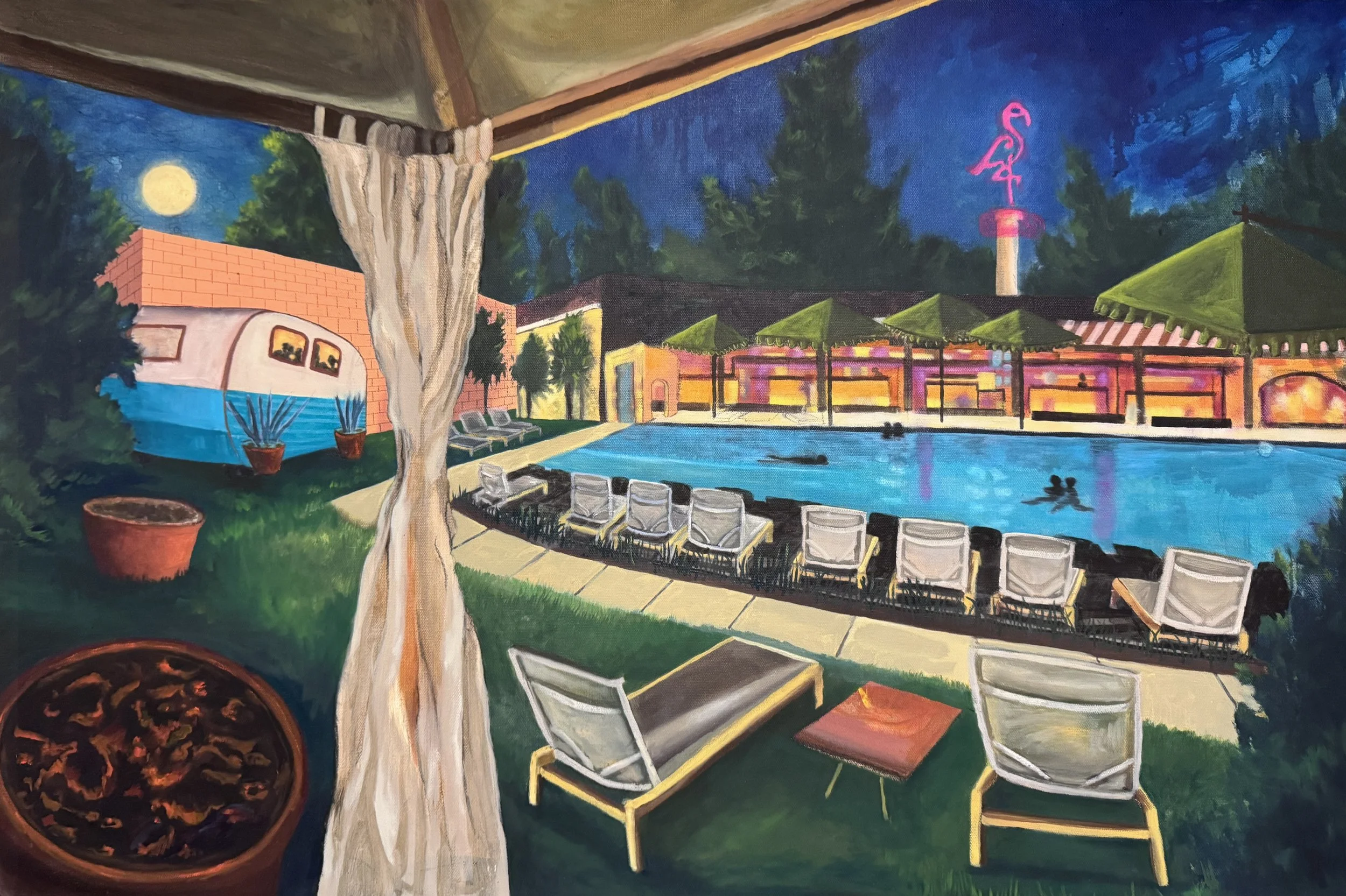 Full Moon over the Flamingo - 2025, Oil on Canvas, 24" x 36"