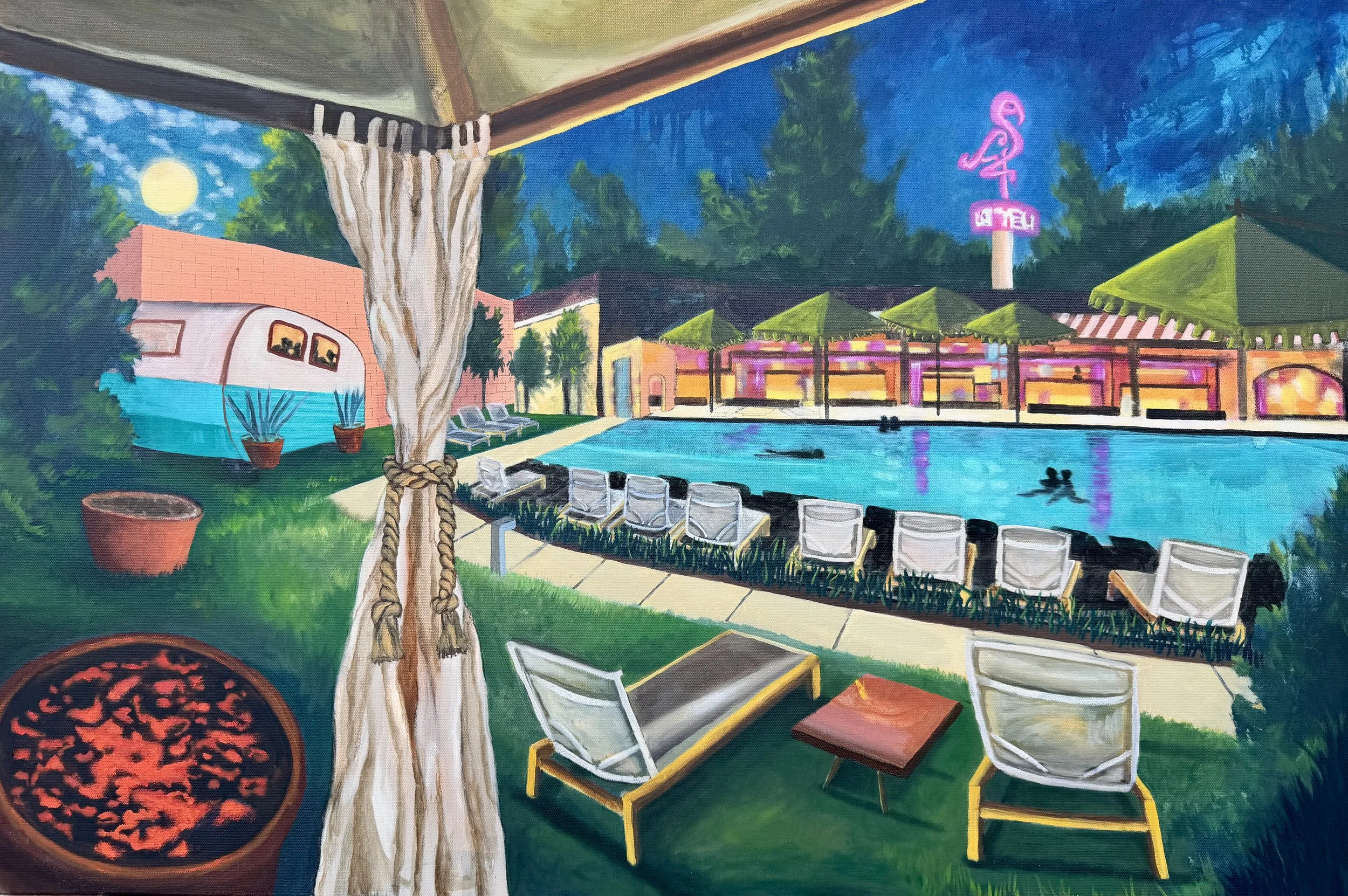 Full Moon Over the Flamingo- Oil on canvas, 2025, 24" x 36"