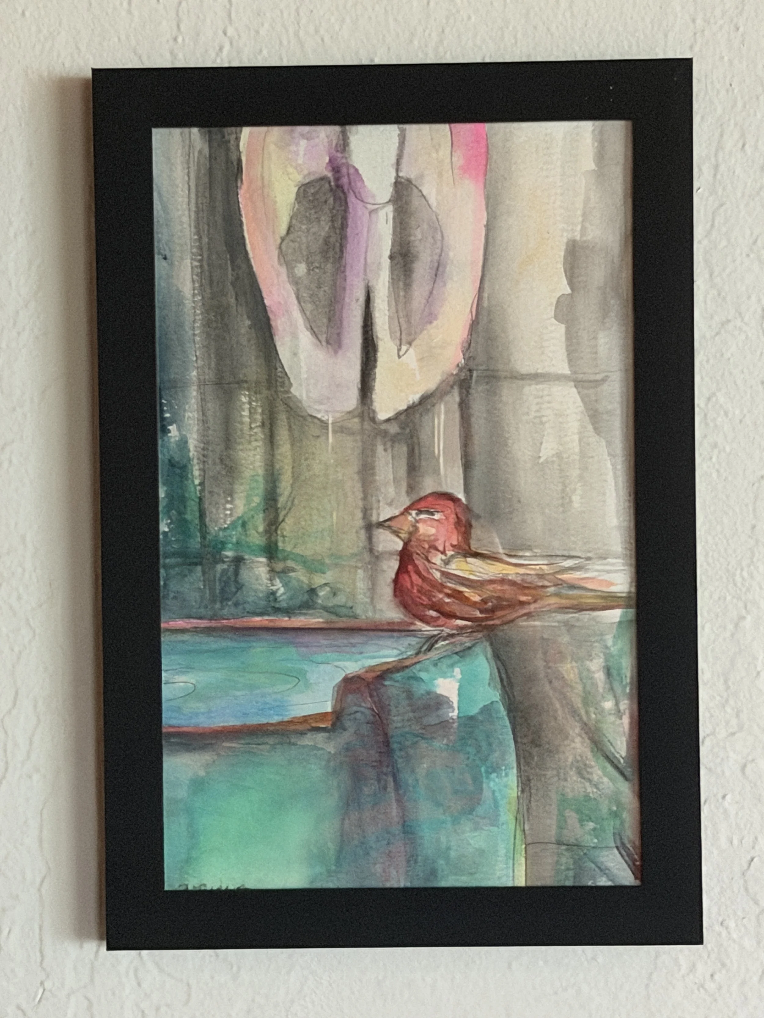 Birdie Splash Bath Time: Original Abstract Watercolor Painting
