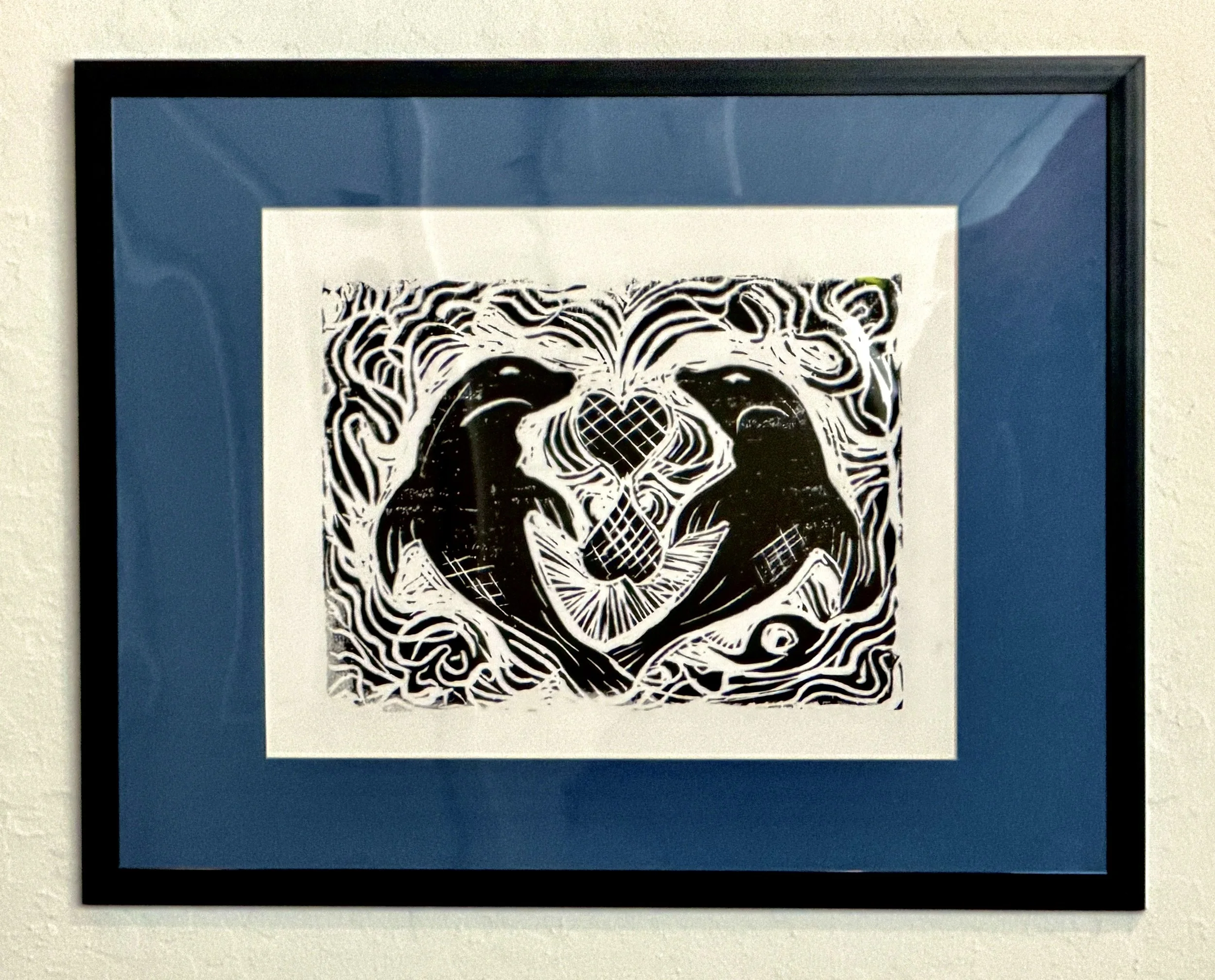 Seal Lovers: Indigo Matte and Black Framed Linocut Art Print