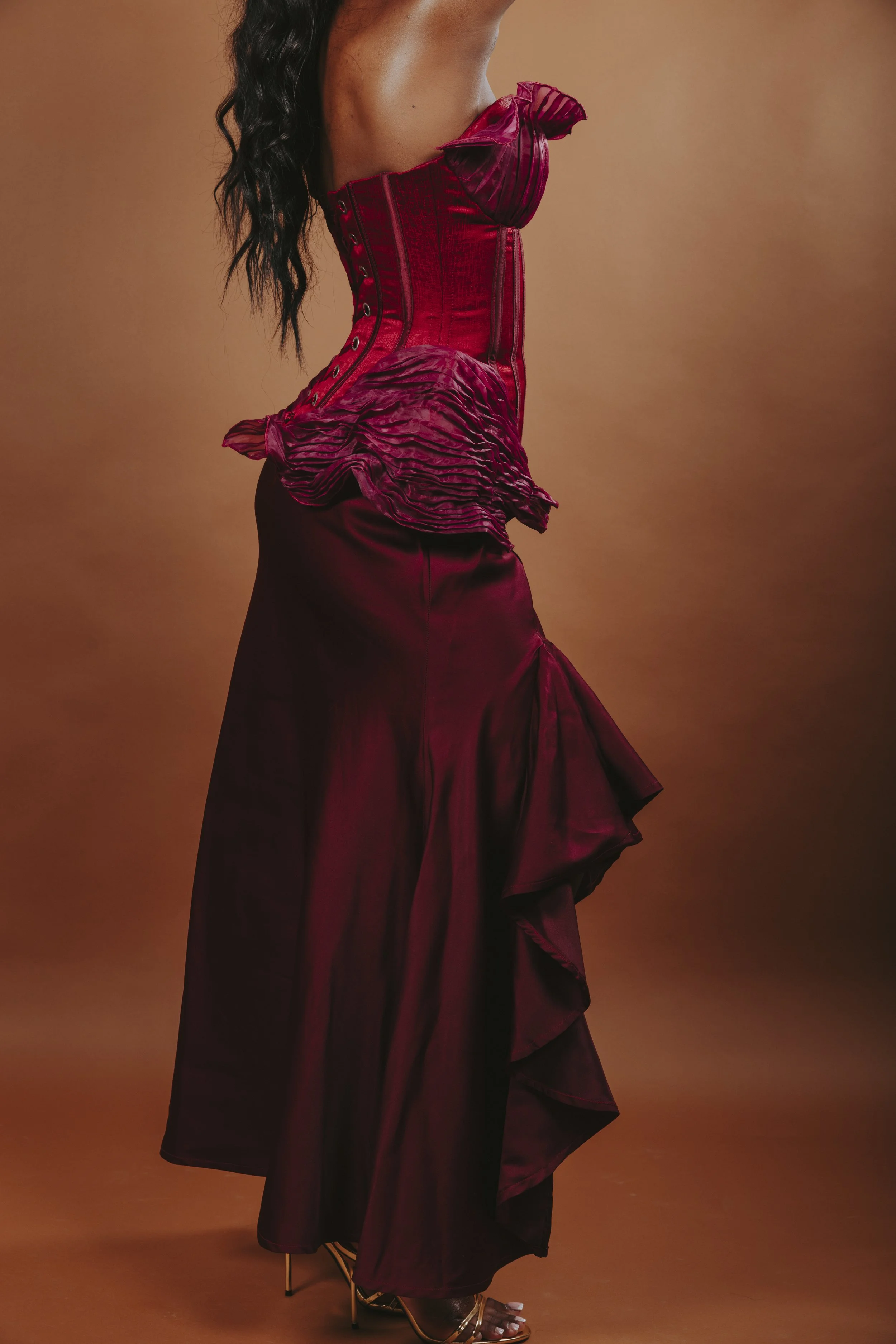 Burgundy Draped Corset Dress