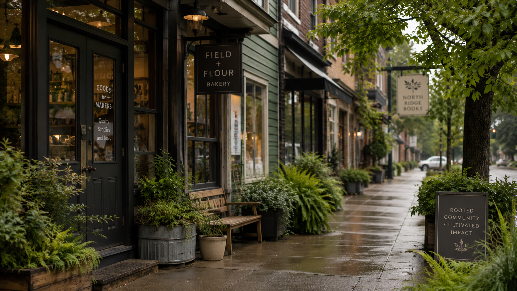 Rainy Pacific Northwest main street lined with small local businesses.