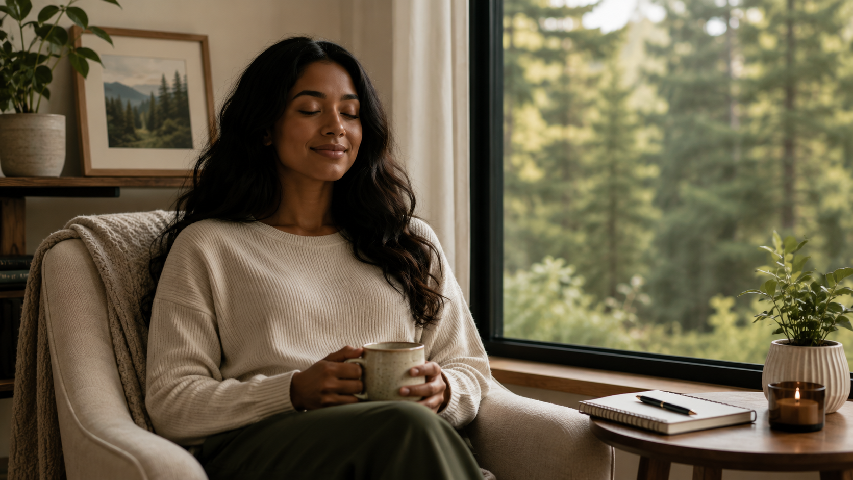A serene illustration of a woman with closed eyes and long black hair, with a white dove hovering above her head. Soft beige circular shapes and simple leaves frame the figure, creating a calm and peaceful atmosphere.