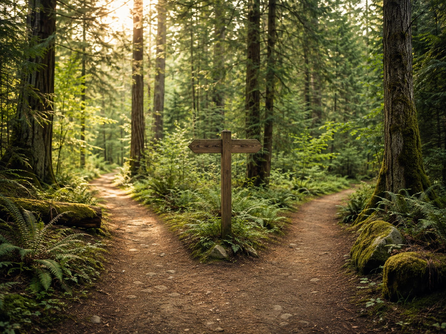 Forest trail splitting into two paths among evergreen trees and ferns.