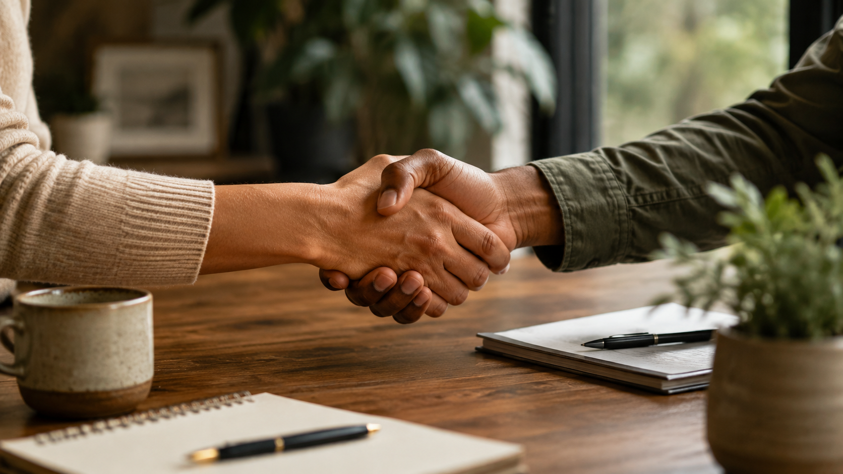Illustration of two hands shaking, symbolizing partnership, agreement, or trust.