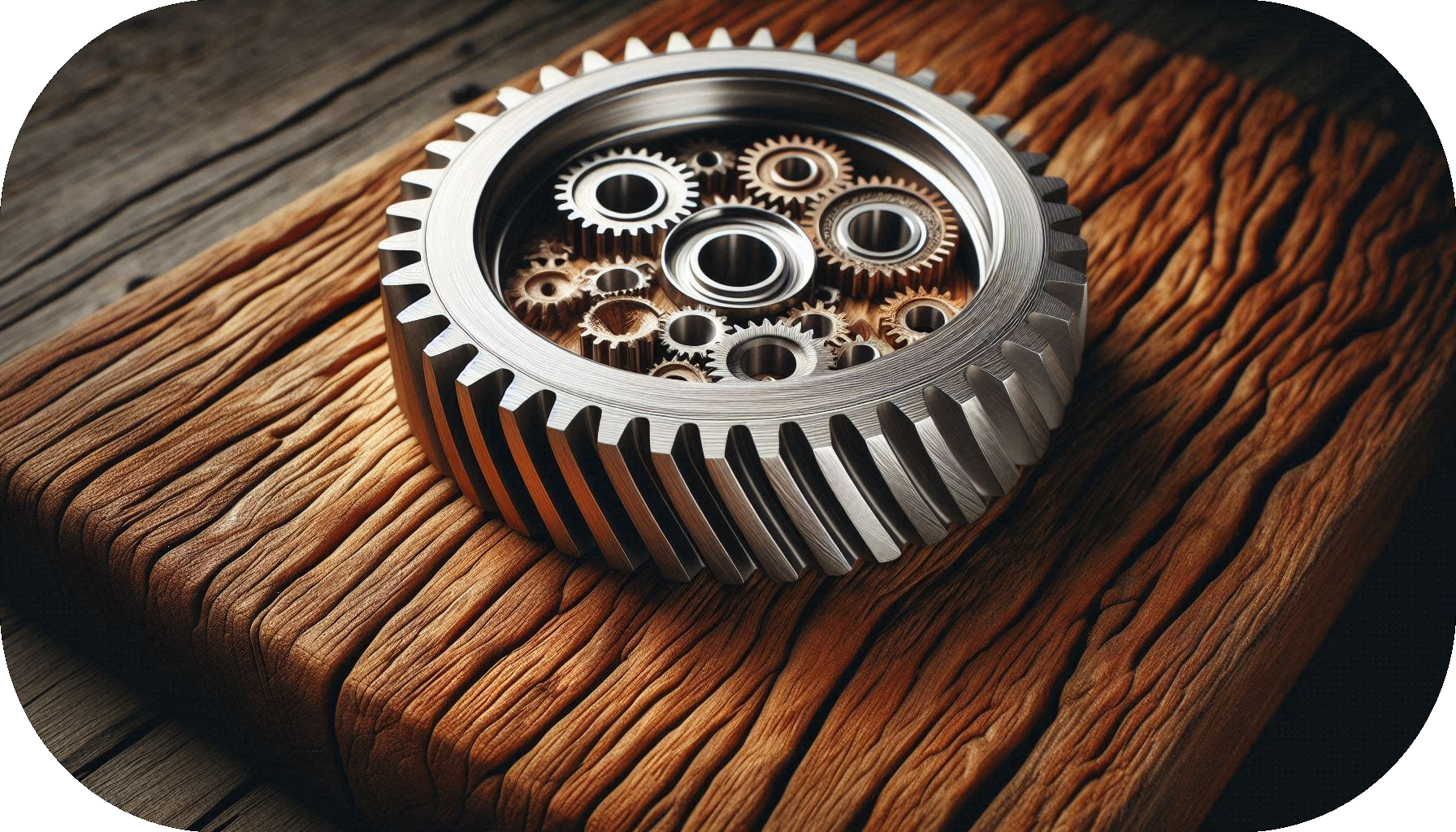 Close-up of interlocking metal gears arranged inside a circular gear housing, resting on a textured wooden surface. The image symbolizes precision, systems, and smooth operations.