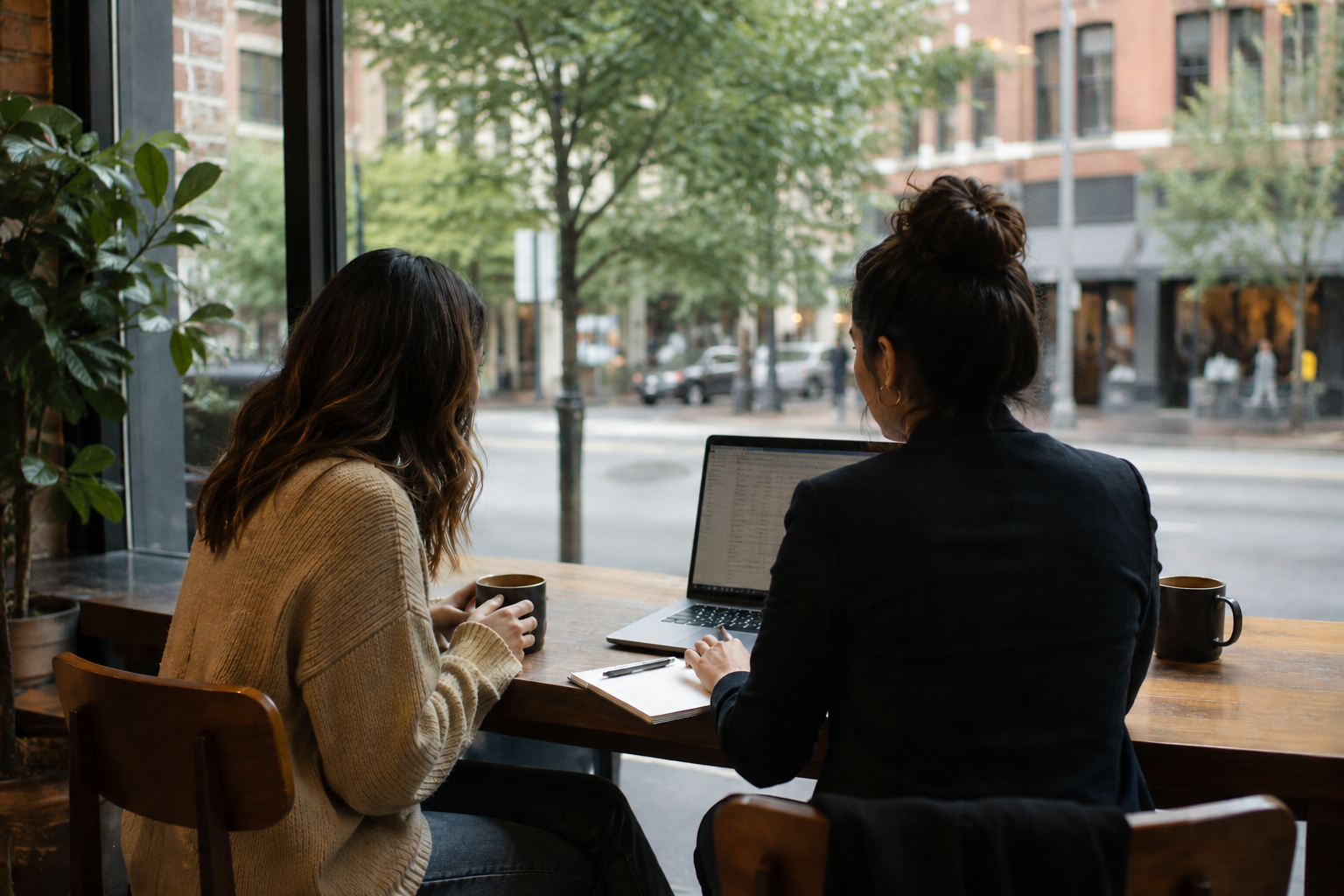 Two professionals reviewing financial information together on a laptop at a coffee shop.