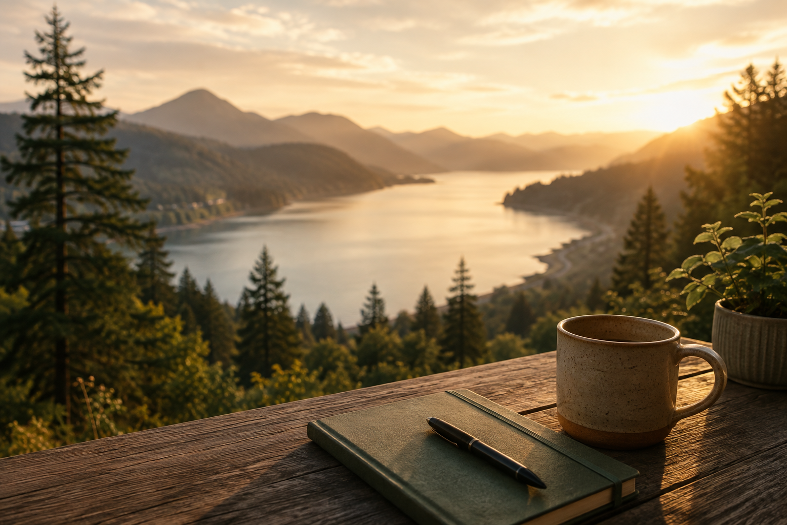 Coffee mug and notebook overlooking a sunlit Pacific Northwest lake and forested mountains.