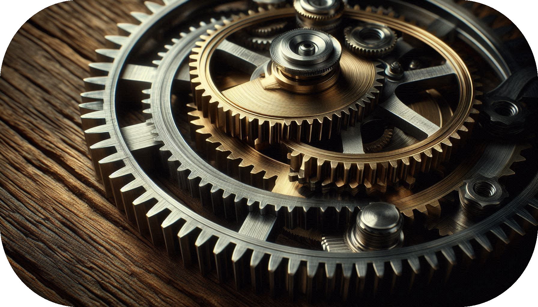 A close-up photograph of interlocking metal gears in silver and bronze, arranged in a circular mechanism on a textured wooden surface. The gears are tightly meshed, highlighting precision engineering and smooth mechanical coordination.
