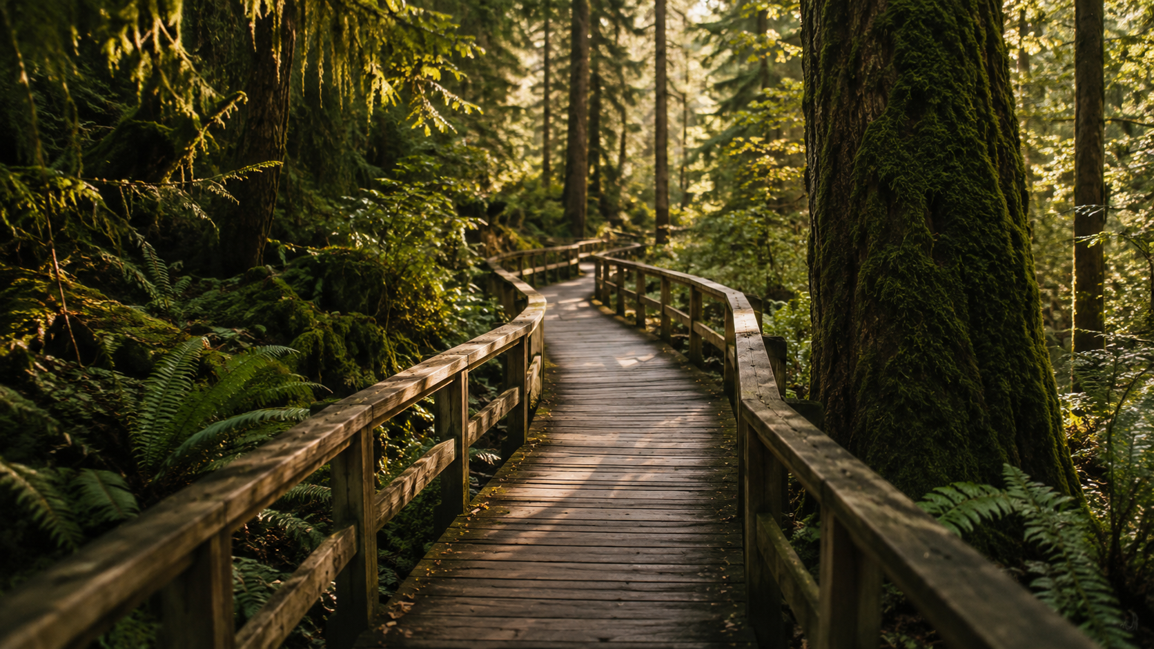 Wooden boardwalk winding through a sunlit evergreen forest.