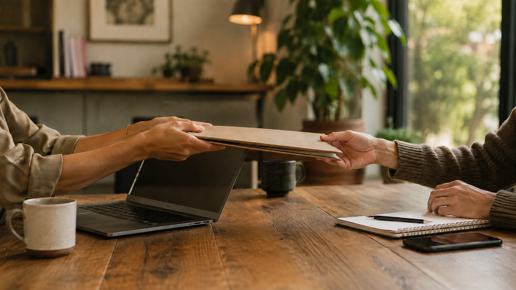 Two professionals passing a folder across a table during a collaborative meeting.