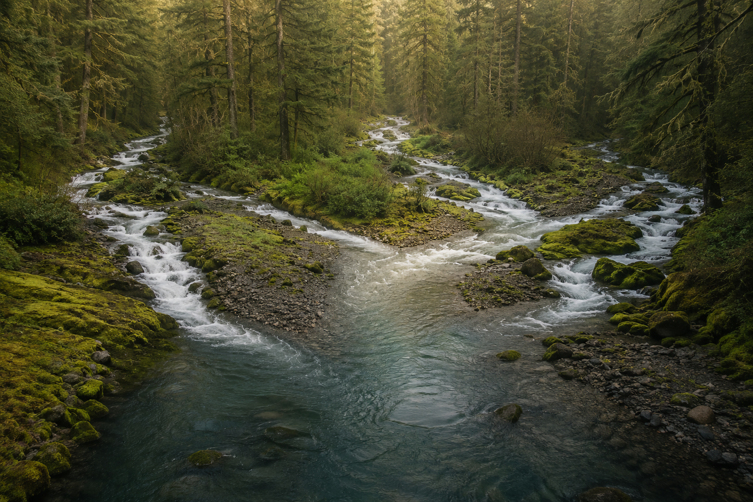 Forest stream flowing through a lush Pacific Northwest landscape.