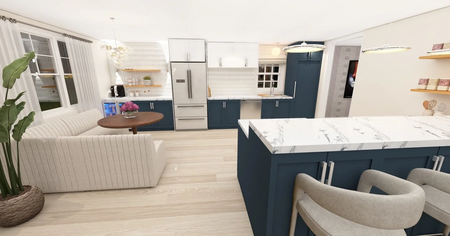 Clean lines, deep blues, and a layout that finally breathes.
This kitchen was designed to feel calm but confident&mdash;where crisp white uppers lift the space, navy cabinetry grounds it, and the island becomes the true heart of the home. Open sightl