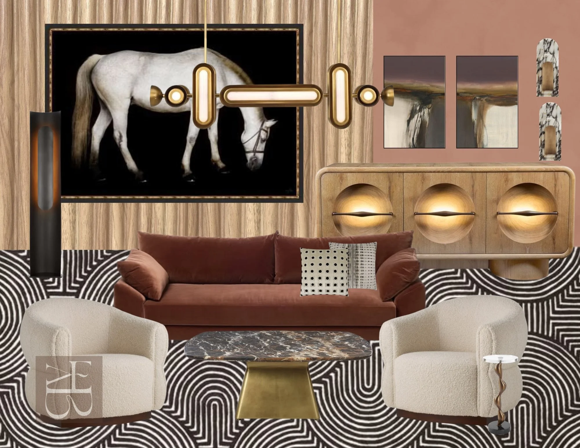 Meet the white stallion who runs this living room. He didn&rsquo;t ask for the job. He just has the energy. 🐎
Rust velvet, boucl&eacute; that begs to be sat in, a rug that pulls the whole room into its orbit, brass overhead doing its golden-hour thi