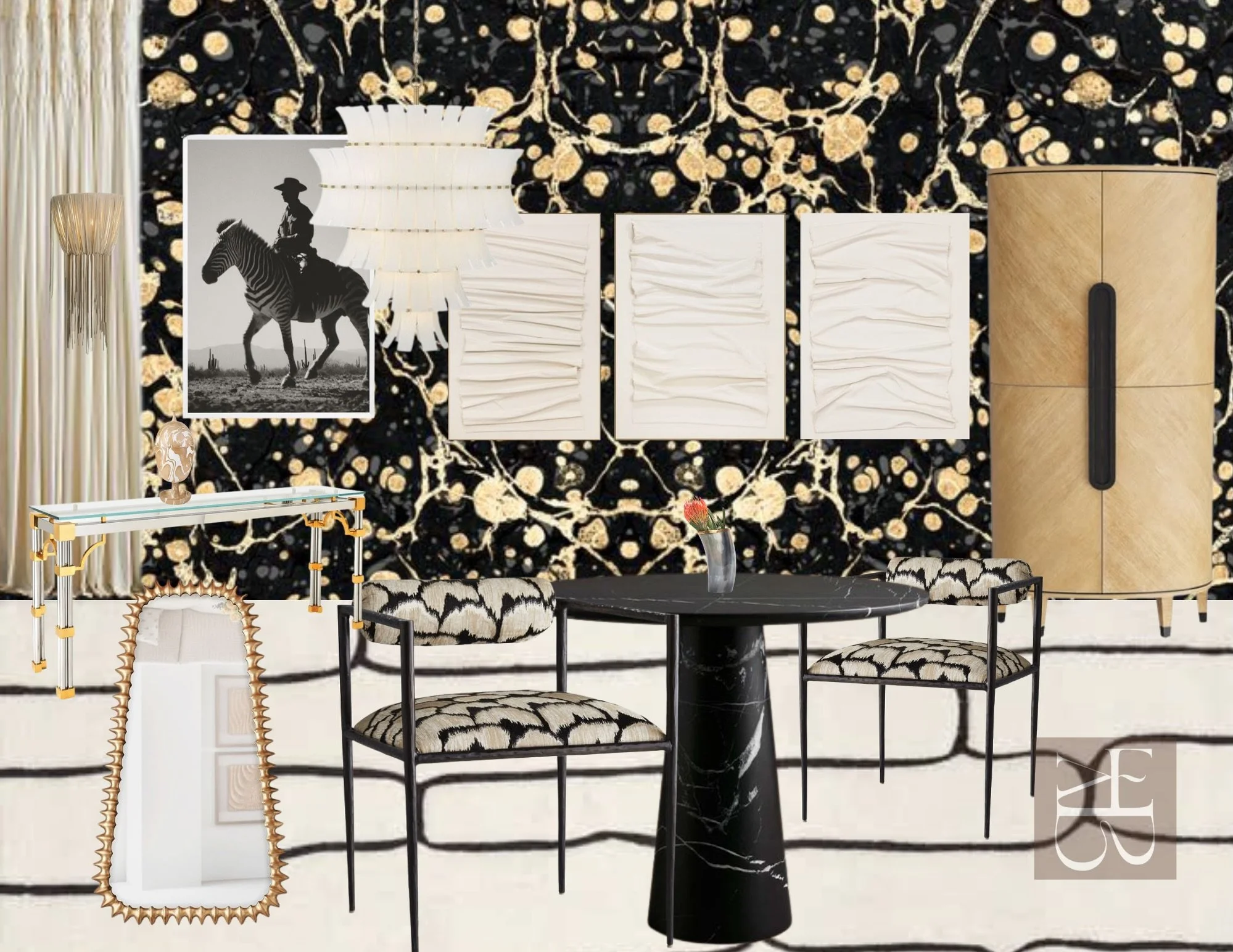 Once upon a room, quiet luxury met its mischievous side. 

The walls did their best impression of a starry midnight. A chandelier spilled down like champagne caught mid-pour. And somewhere in the mix, a cowboy decided a zebra was the only reasonable 