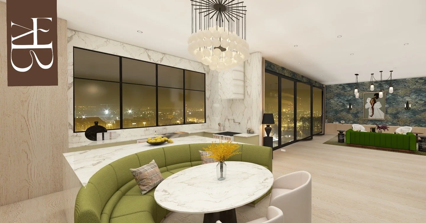 Modern living room with marble accents, green curved seating, white oval table with yellow flowers, large windows, and city view at night