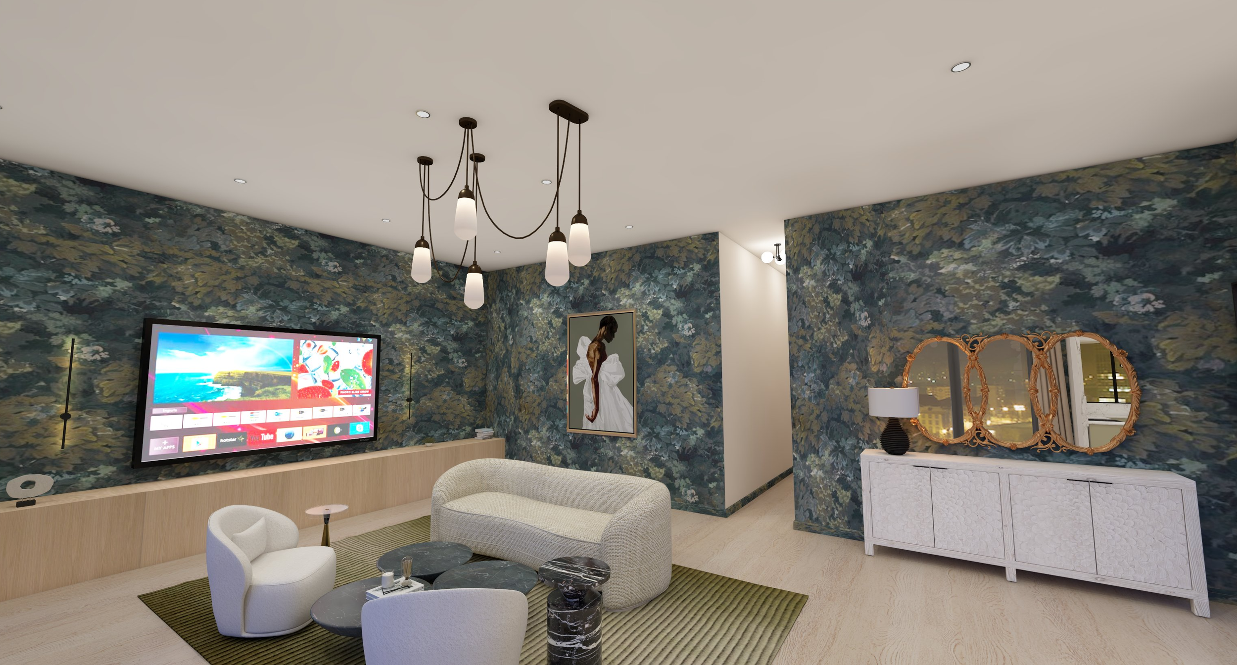 Modern living room with textured blue-green floral wallpaper, a wall-mounted smart TV, a ceiling chandelier, framed artwork of a woman in a white dress, a white sideboard with decorative mirrors, a black and white table lamp, a cozy cream-colored sofa, a small white armchair, and a green striped rug.