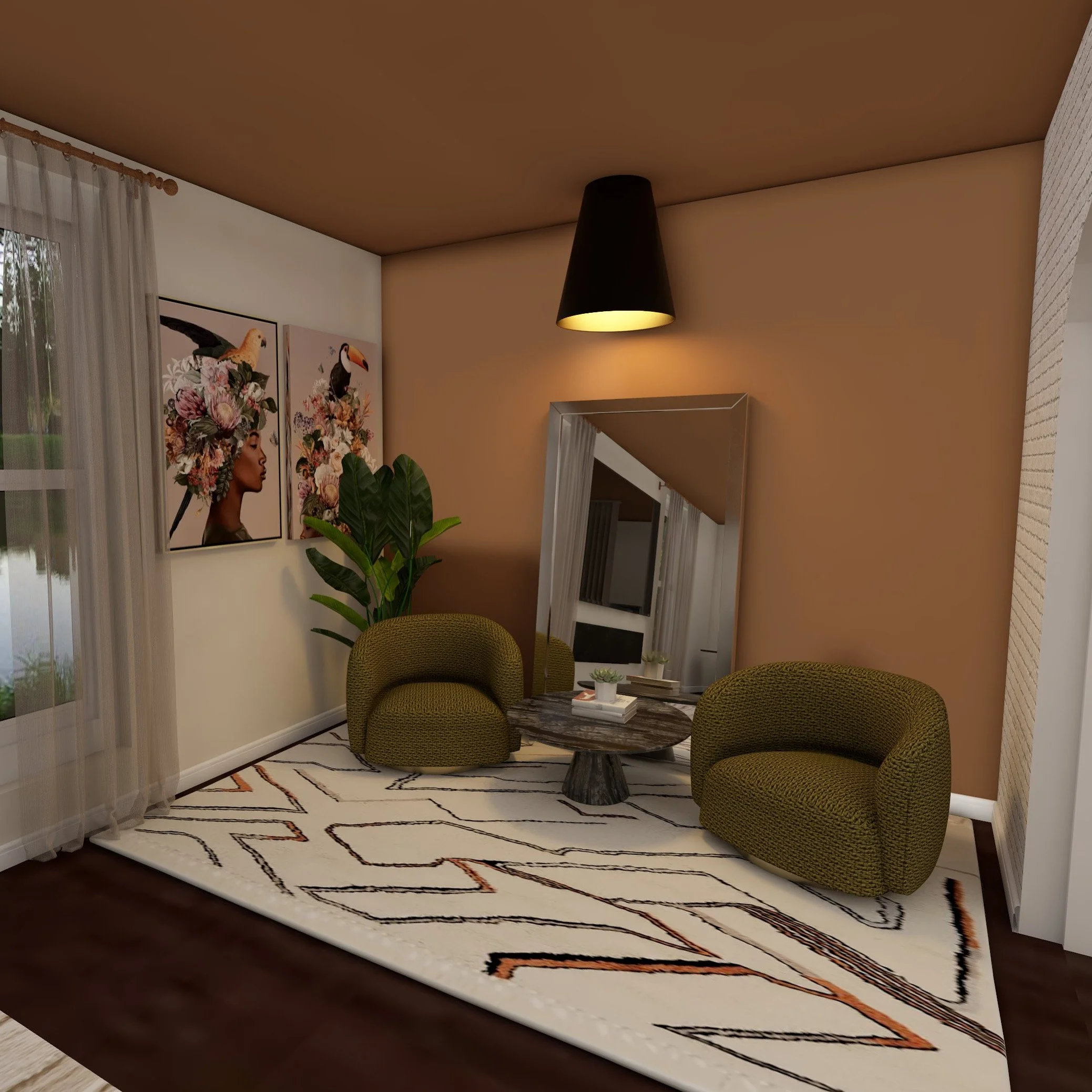 Living room with two green armchairs, a marble coffee table, a large mirror, artwork of a woman with flowers and birds on the wall, a white curtain over a window, a large potted plant, a white rug with black and orange geometric patterns, and a black