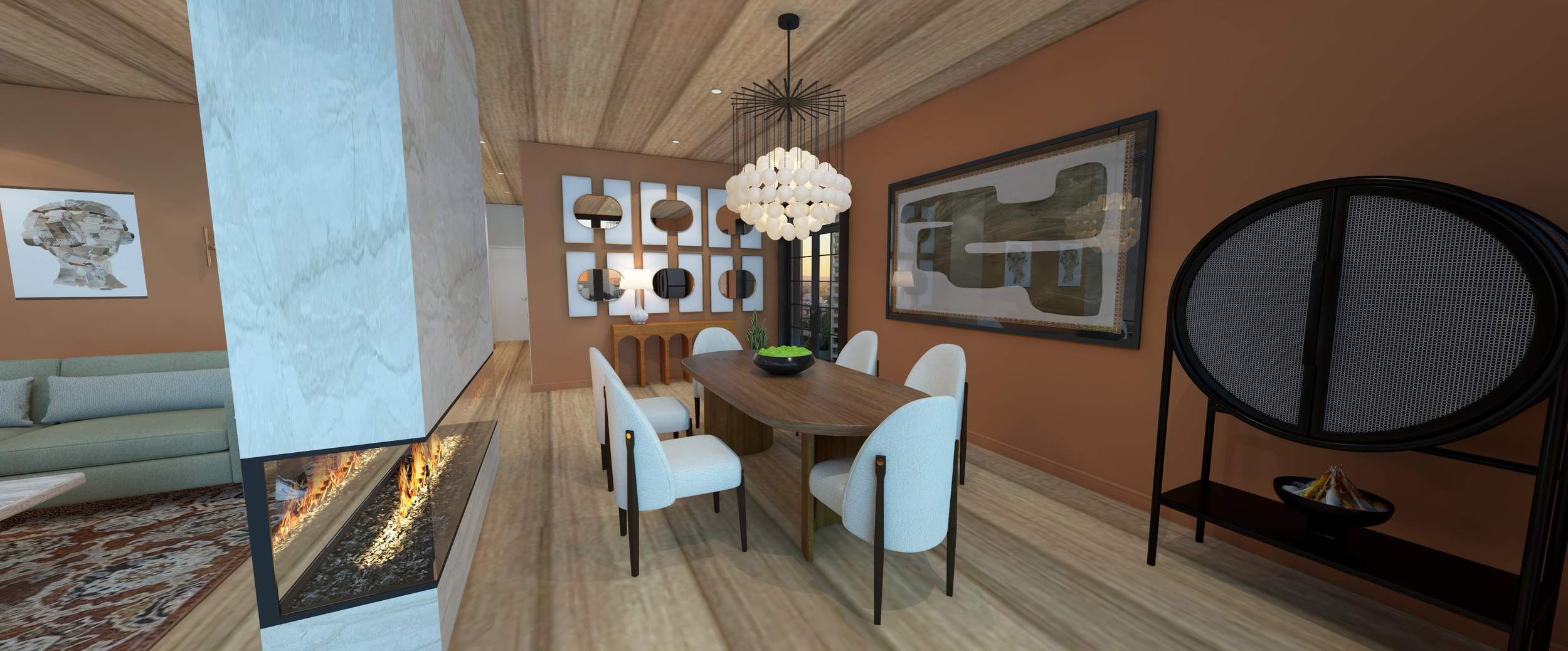 Interior of a modern dining room with a wooden table, six white chairs, a chandelier, art on the wall, a fireplace, and a sideboard.