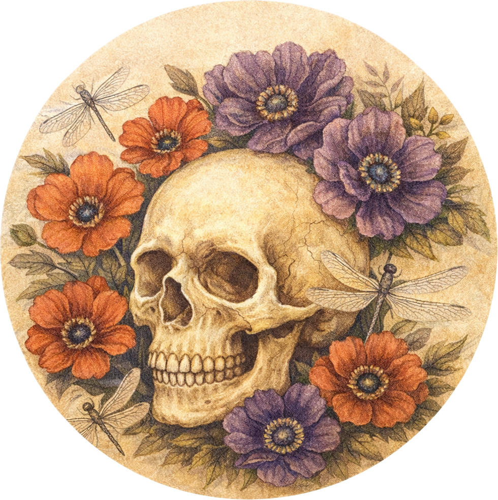 Skull with flowers illustration representing Soul Purpose Therapeutic Bodywork in St. Simons Island, Georgia
