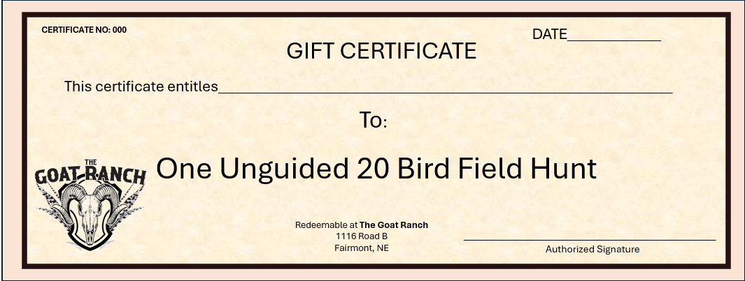 Unguided 20 Bird Hunt Certificate