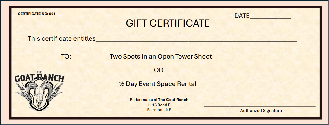 2 Person Tower Shoot or 1/2 Day Room Rental Certificate