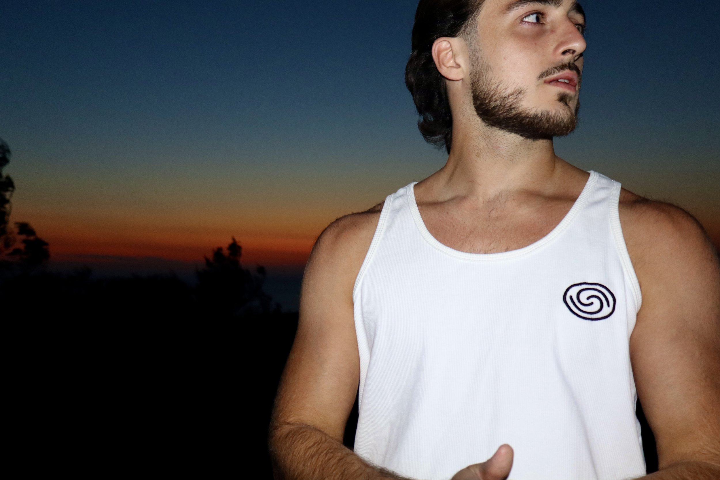 Spiral&Co White Vest Red Sky Photo Shoot