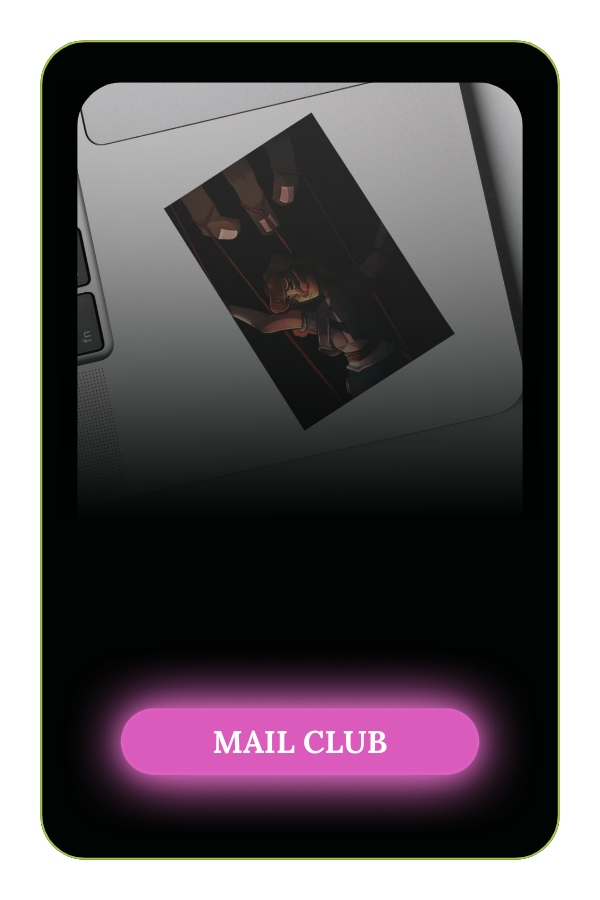 A smartphone screen displays an image of a woman sitting on a chair, viewed from above, with a "MAIL CLUB" button below in pink.