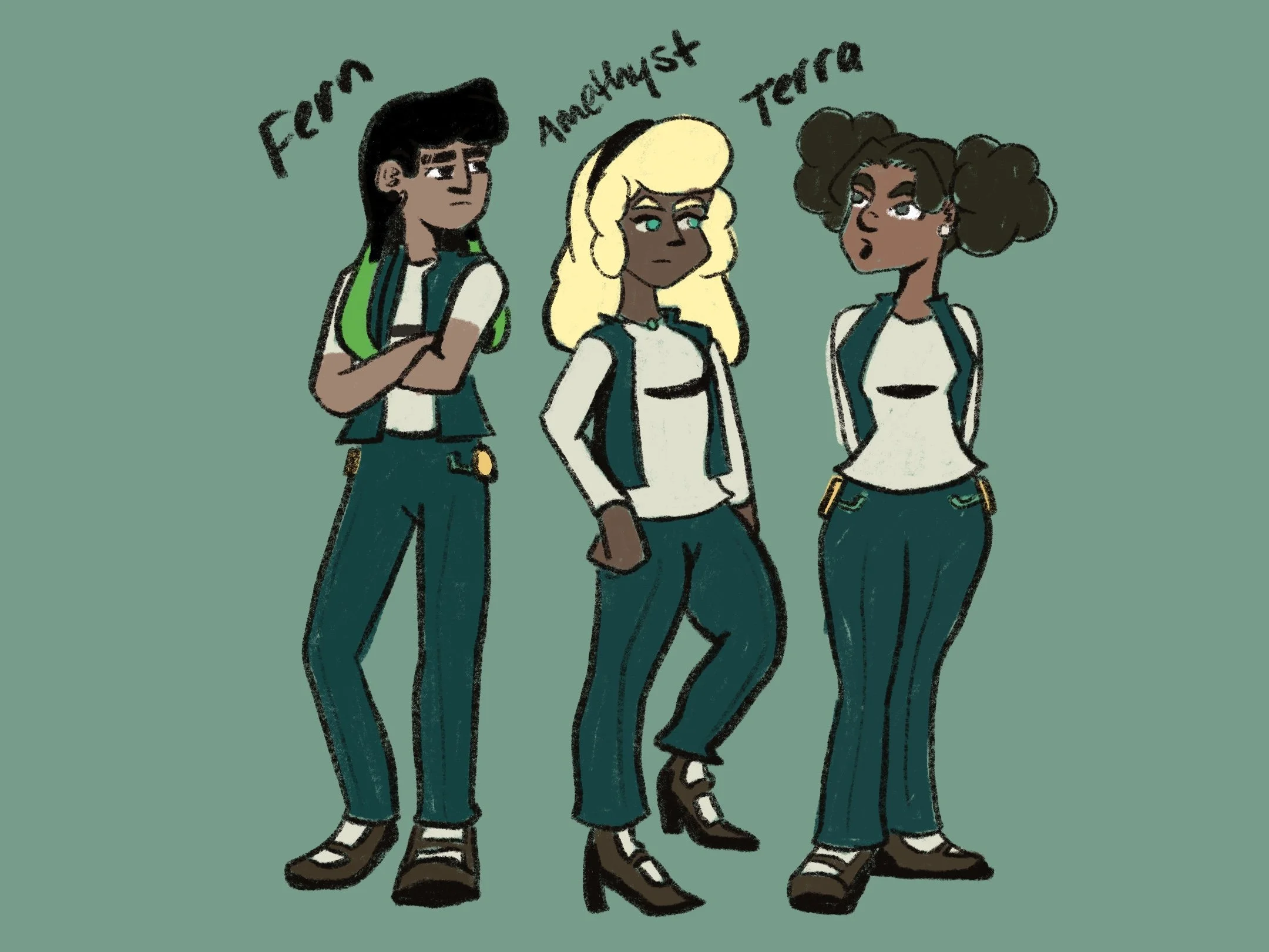 Early Concepts of Fern, Terra, and Beatrice (formerly known as Amethyst)