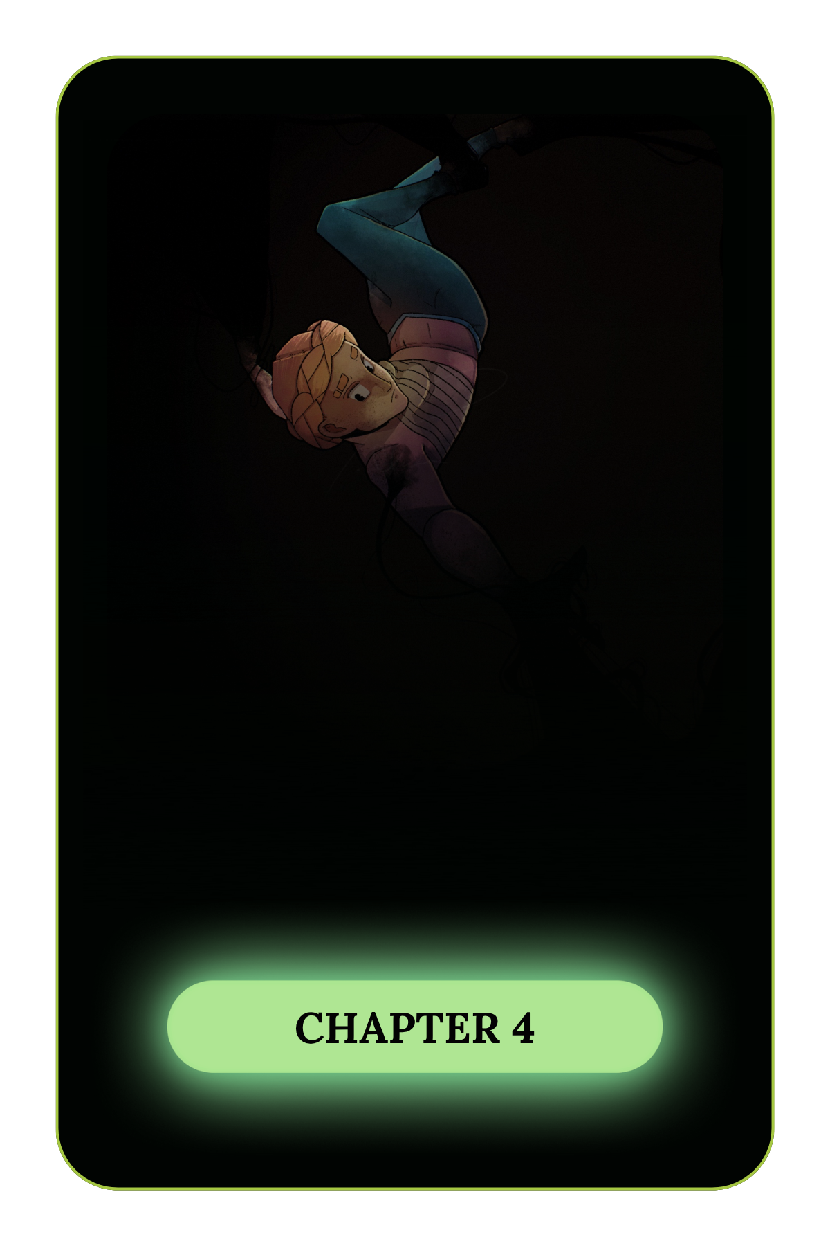 A dark animated scene featuring a girl with blonde hair lying on the ground, appearing to be in a futuristic setting, with a glowing green button labeled 'CHAPTER 4' at the bottom.
