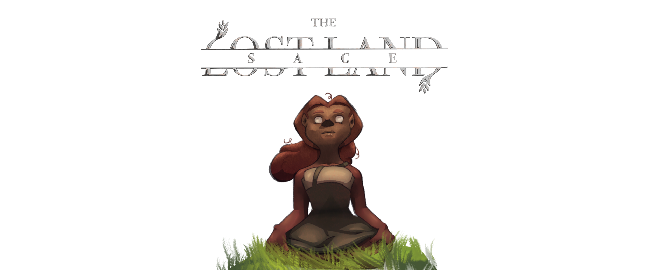 Video game title screen for 'The Lost Land Saga' featuring a cartoon female lion with red hair sitting cross-legged on grass, with stylized text above.