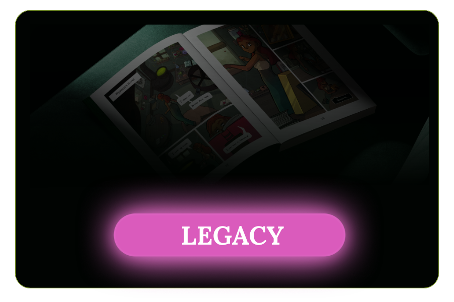 A comic book opened on a dark surface, illuminated by a pink glow with the word "LEGACY" on it.
