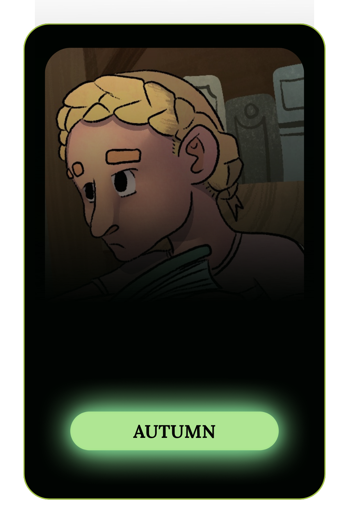 A cartoon character with blonde hair, wearing a shirt, looking sad or contemplative, resting his head on a surface with a green glowing button labeled "AUTUMN" beneath him. In the background, there are various electronic devices.
