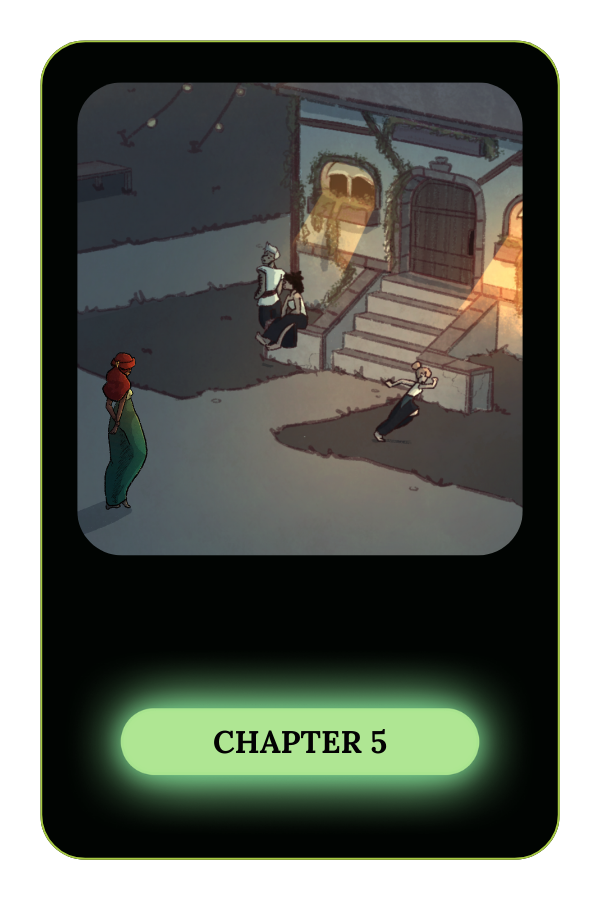 A digital illustration showing four characters outside a building with steps leading to an arched door. One character is walking towards the door while two others sit on the steps. The scene is set during sunset or sunrise, with warm light casting long shadows.