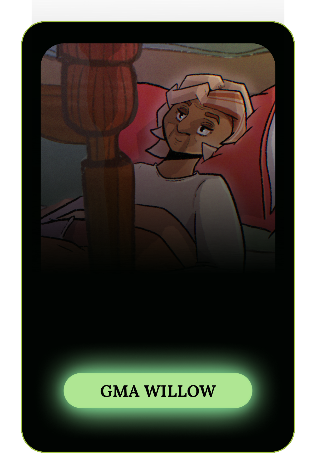 Animated character lying in bed with pink pillows, smiling and looking at a reflection or screen, labeled 'GMA WILLOW'