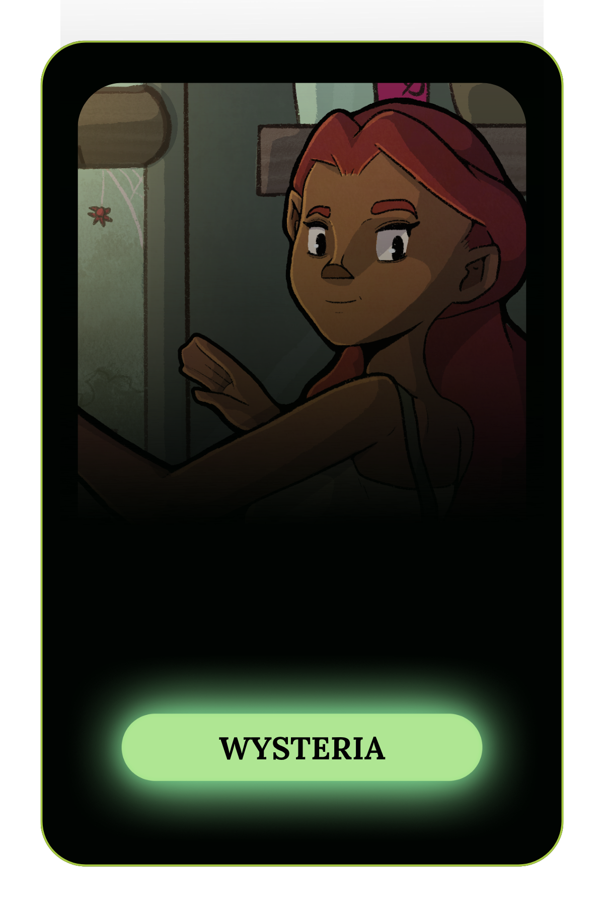 A digital illustration of a girl with red hair taking a selfie. She has a slight smile, and her hand is making a peace sign. The background shows a room with some decorations. There is a green button with the text 'WYSTERIA' at the bottom of the image.