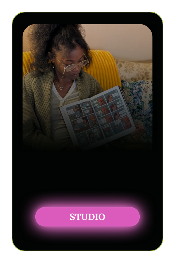 A woman with curly hair, glasses, and a beige sweater, seated on a yellow couch with floral cushions, looking at a comic book or magazine.