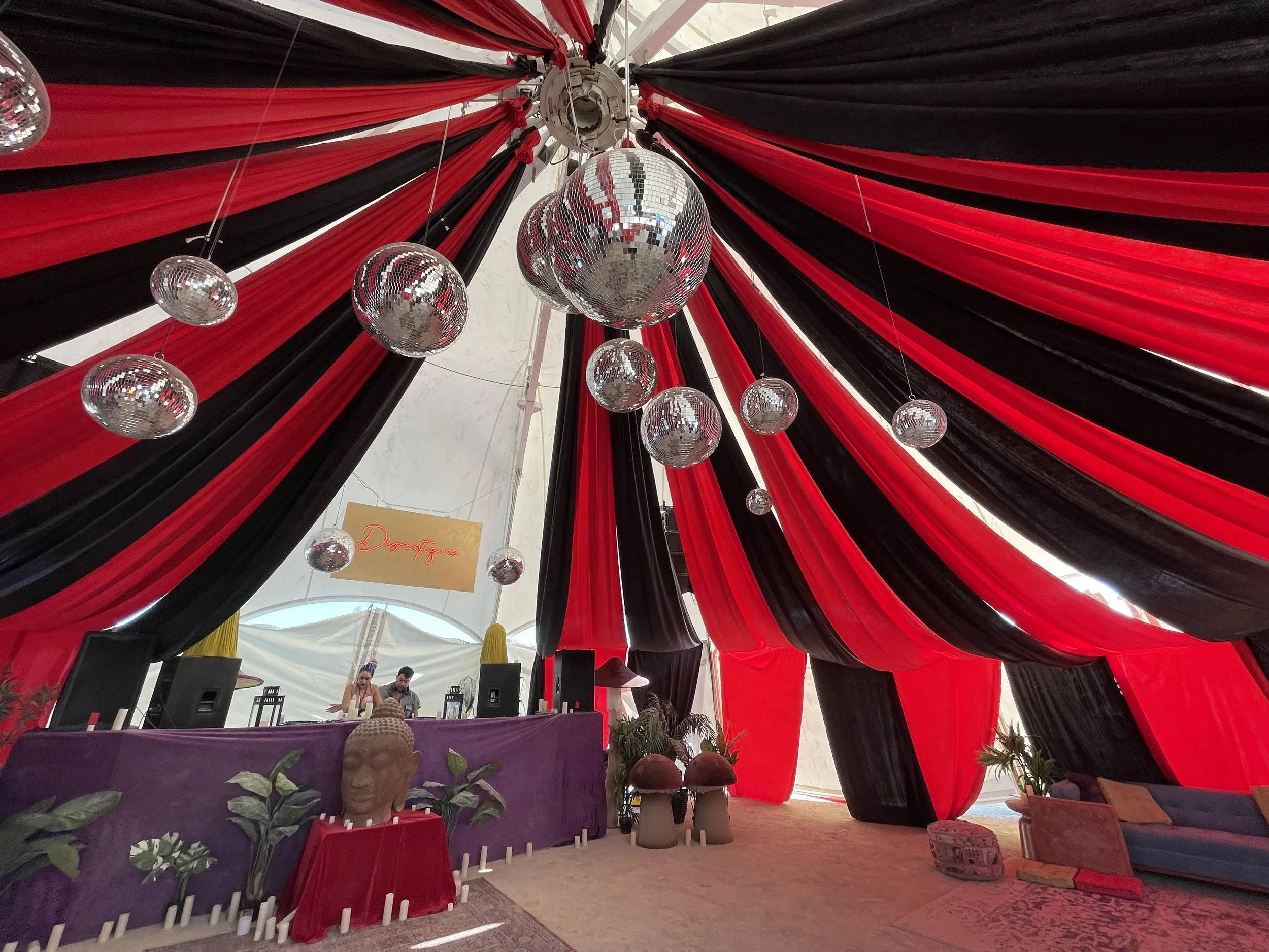 Fabric draping and disco balls for Discotique at Burning man