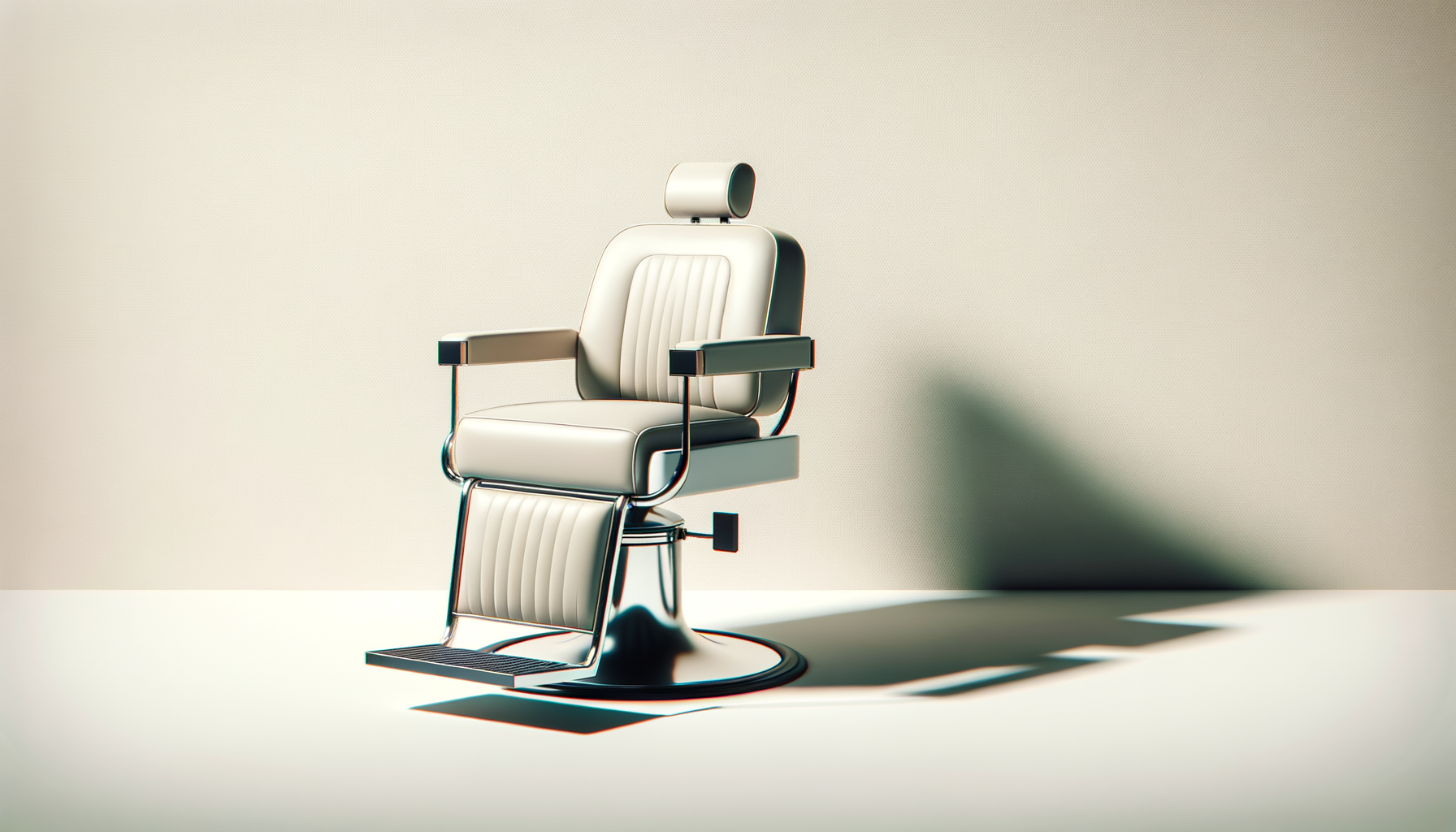 A vintage barber or dentist chair with cream upholstery, black accents, and chrome details, sitting alone in a minimalistic room with a plain textured wall and a shadow cast on the floor.