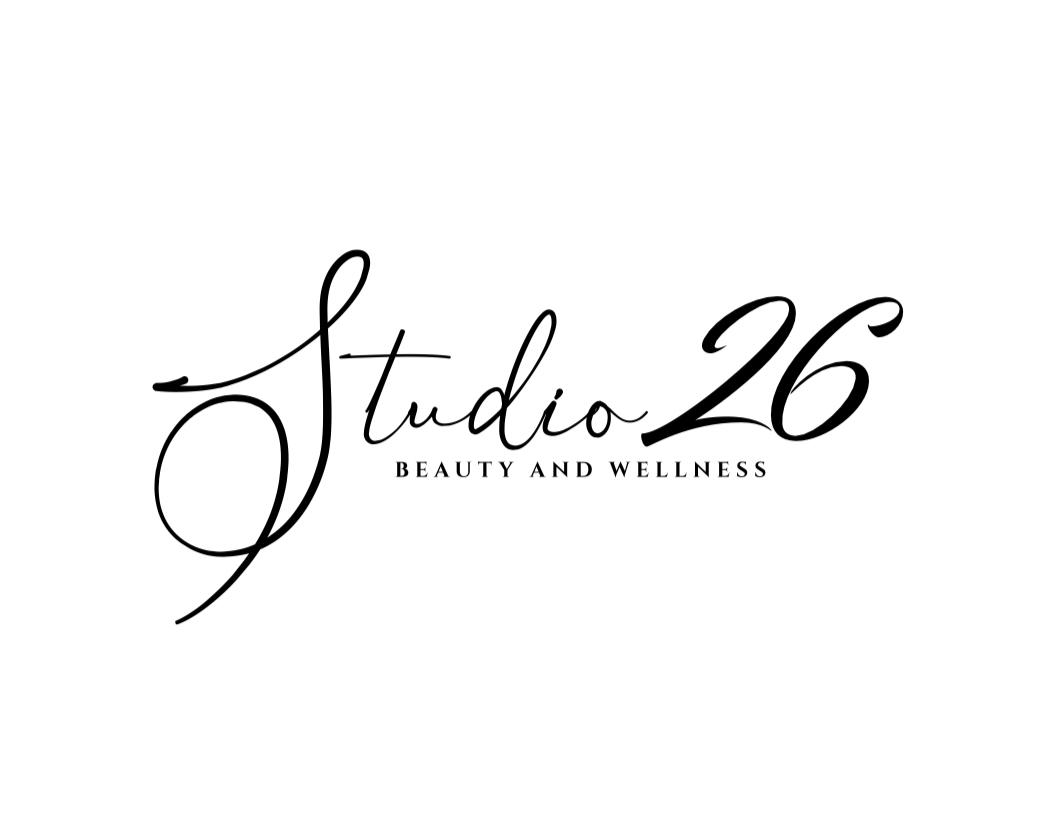 Logo for Studio 26 Beauty and Wellness, written in elegant black script on a white background.
